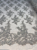 Silver Lace Fabric, Corded Flower Embroidery With Sequins on a Mesh Lace Fabric By The Yard For Gown, Wedding-Bridal-Dress