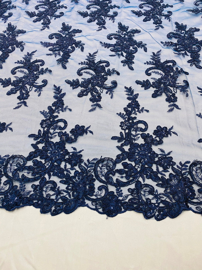 Navy Lace Fabric, Corded Flower Embroidery With Sequins on a Mesh Lace Fabric By The Yard For Gown, Wedding-Bridal-Dress
