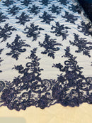 Navy Lace Fabric, Corded Flower Embroidery With Sequins on a Mesh Lace Fabric By The Yard For Gown, Wedding-Bridal-Dress