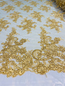 Gold Lace Fabric, Corded Flower Embroidery With Sequins on a Mesh Lace Fabric By The Yard For Gown, Wedding-Bridal-Dress