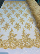 Gold Lace Fabric, Corded Flower Embroidery With Sequins on a Mesh Lace Fabric By The Yard For Gown, Wedding-Bridal-Dress
