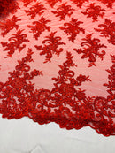 Red Lace Fabric, Corded Flower Embroidery With Sequins on a Mesh Lace Fabric By The Yard For Gown, Wedding-Bridal-Dress