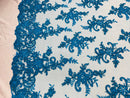 Turquoise Lace Fabric, Corded Flower Embroidery With Sequins on a Mesh Lace Fabric By The Yard For Gown, Wedding-Bridal-Dress