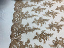 Coffee Lace Fabric, Corded Flower Embroidery With Sequins on a Mesh Lace Fabric By The Yard For Gown, Wedding-Bridal-Dress
