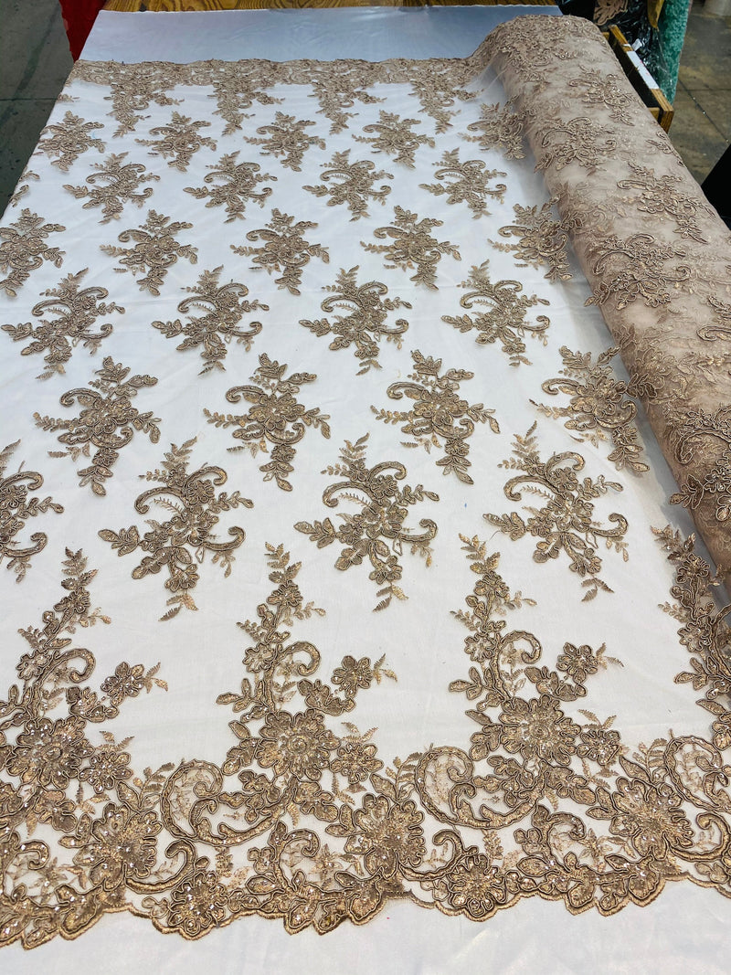 Coffee Lace Fabric, Corded Flower Embroidery With Sequins on a Mesh Lace Fabric By The Yard For Gown, Wedding-Bridal-Dress
