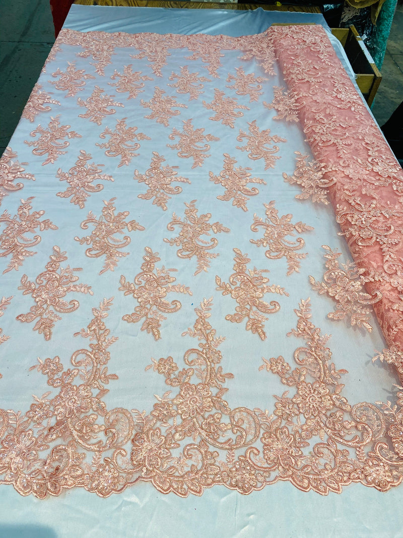 Peach Lace Fabric, Corded Flower Embroidery With Sequins on a Mesh Lace Fabric By The Yard For Gown, Wedding-Bridal-Dress