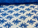 Royal Blue Lace Fabric, Corded Flower Embroidery With Sequins on a Mesh Lace Fabric By The Yard For Gown, Wedding-Bridal-Dress