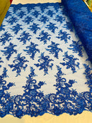 Royal Blue Lace Fabric, Corded Flower Embroidery With Sequins on a Mesh Lace Fabric By The Yard For Gown, Wedding-Bridal-Dress