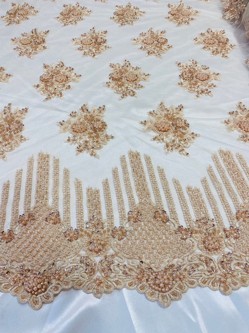 Blush Peach Beaded Fabric, Hand Embroidered Lace Bridal Floral On a Mesh Dress Fabric with Beads By The Yard