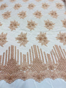 Lt Peach Beaded Fabric, Hand Embroidered Lace Bridal Floral On a Mesh Dress Fabric with Beads By The Yard