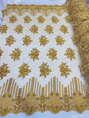 Gold Beaded Fabric, Hand Embroidered Lace Bridal Floral On a Mesh Dress Fabric with Beads By The Yard