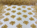 Gold Beaded Fabric, Hand Embroidered Lace Bridal Floral On a Mesh Dress Fabric with Beads By The Yard