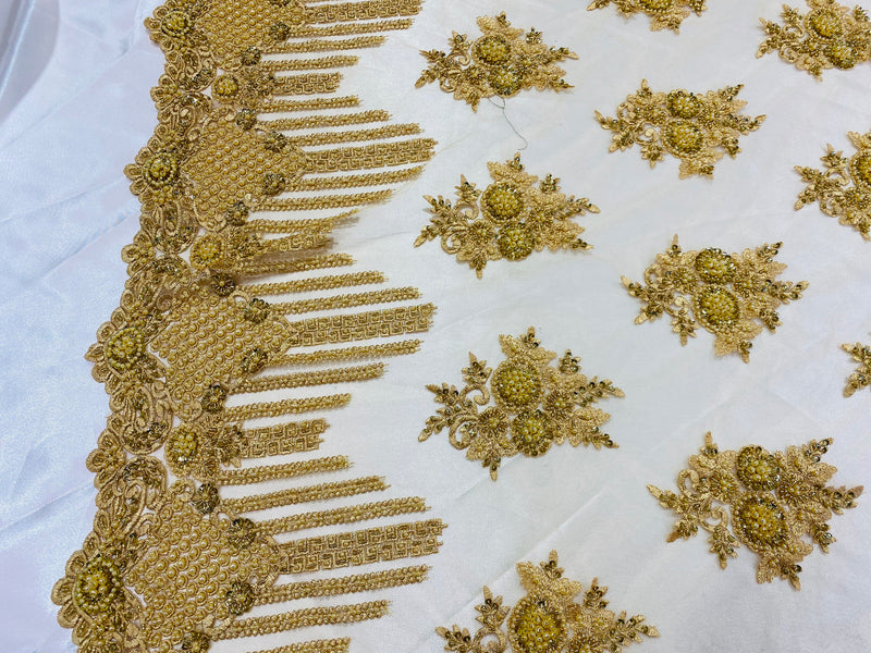 Gold Beaded Fabric, Hand Embroidered Lace Bridal Floral On a Mesh Dress Fabric with Beads By The Yard