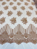 Blush Mauve Beaded Fabric, Hand Embroidered Lace Bridal Floral On a Mesh Dress Fabric with Beads By The Yard