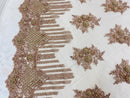 Blush Mauve Beaded Fabric, Hand Embroidered Lace Bridal Floral On a Mesh Dress Fabric with Beads By The Yard