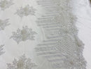 White Beaded Fabric, Hand Embroidered Lace Bridal Floral On a Mesh Dress Fabric with Beads By The Yard
