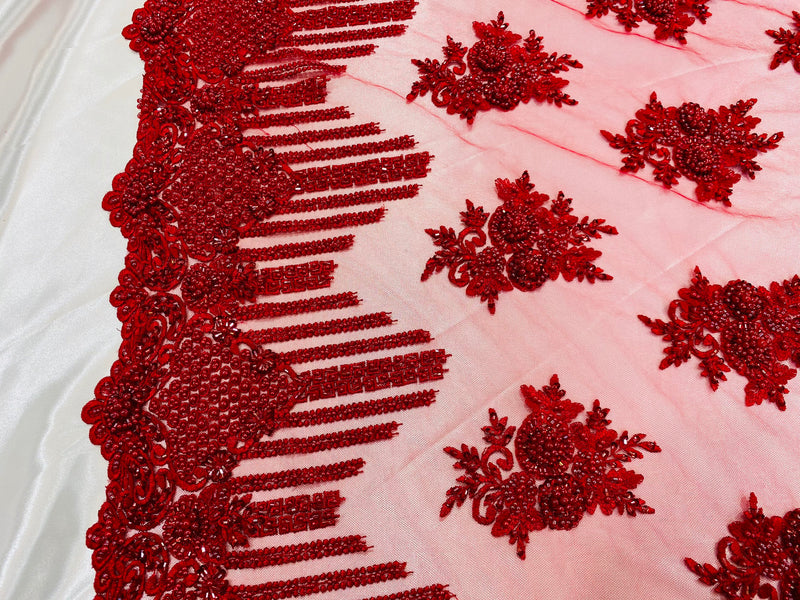 Red Beaded Fabric, Hand Embroidered Lace Bridal Floral On a Mesh Dress Fabric with Beads By The Yard