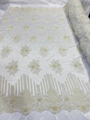 Ivory Beaded Fabric, Hand Embroidered Lace Bridal Floral On a Mesh Dress Fabric with Beads By The Yard