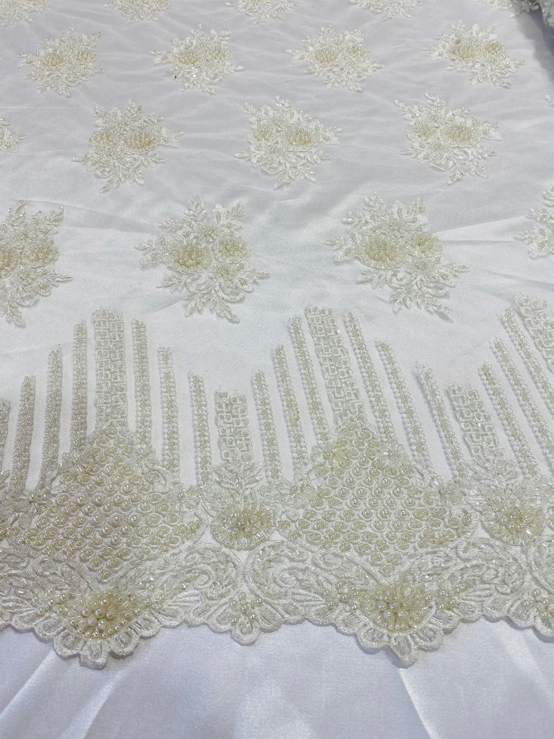 Ivory Beaded Fabric, Hand Embroidered Lace Bridal Floral On a Mesh Dress Fabric with Beads By The Yard