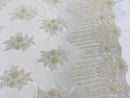 Ivory Beaded Fabric, Hand Embroidered Lace Bridal Floral On a Mesh Dress Fabric with Beads By The Yard