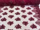 Burgundy Beaded Fabric, Hand Embroidered Lace Bridal Floral On a Mesh Dress Fabric with Beads By The Yard