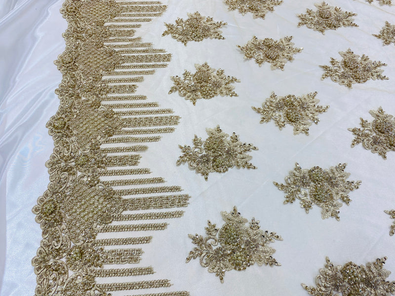 Champagne Beaded Fabric, Hand Embroidered Lace Bridal Floral On a Mesh Dress Fabric with Beads By The Yard