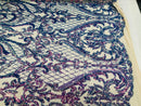 Iridescent Lavender Sequin Fabrics, Damask Design 4Way Stretch Embroidery With Sequin on a Mesh-Prom-Gown By The Yard