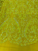 Iridescent Yellow Sequin Fabrics, Damask Design 4Way Stretch Embroidery With Sequin on a Mesh-Prom-Gown By The Yard