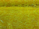 Iridescent Yellow Sequin Fabrics, Damask Design 4Way Stretch Embroidery With Sequin on a Mesh-Prom-Gown By The Yard