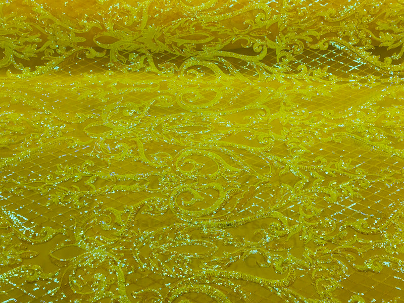 Iridescent Yellow Sequin Fabrics, Damask Design 4Way Stretch Embroidery With Sequin on a Mesh-Prom-Gown By The Yard