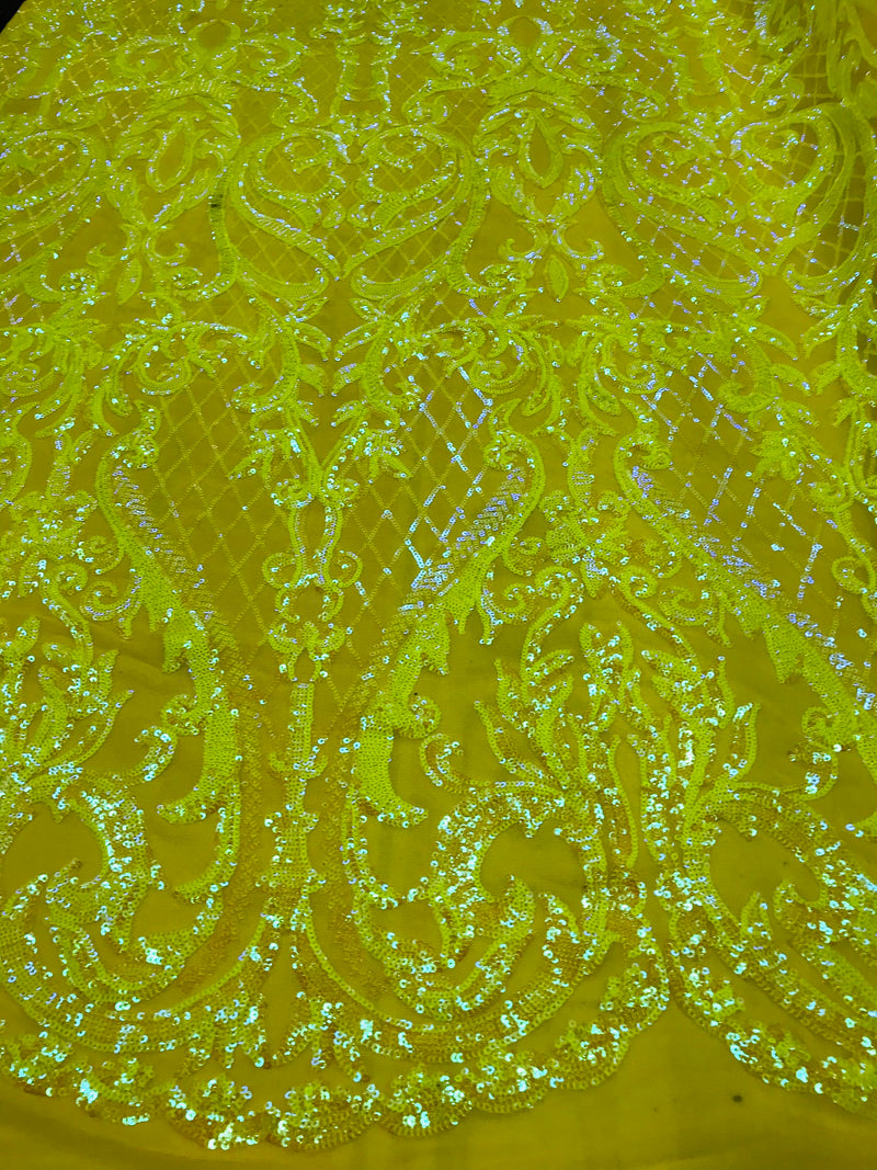 Iridescent Yellow Sequin Fabrics, Damask Design 4Way Stretch Embroidery With Sequin on a Mesh-Prom-Gown By The Yard