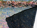 Iridescent Rainbow Sequin Fabrics on Black Mesh, Damask Design 4Way Stretch Embroidery With Sequin on a Mesh-Prom-Gown By The Yard