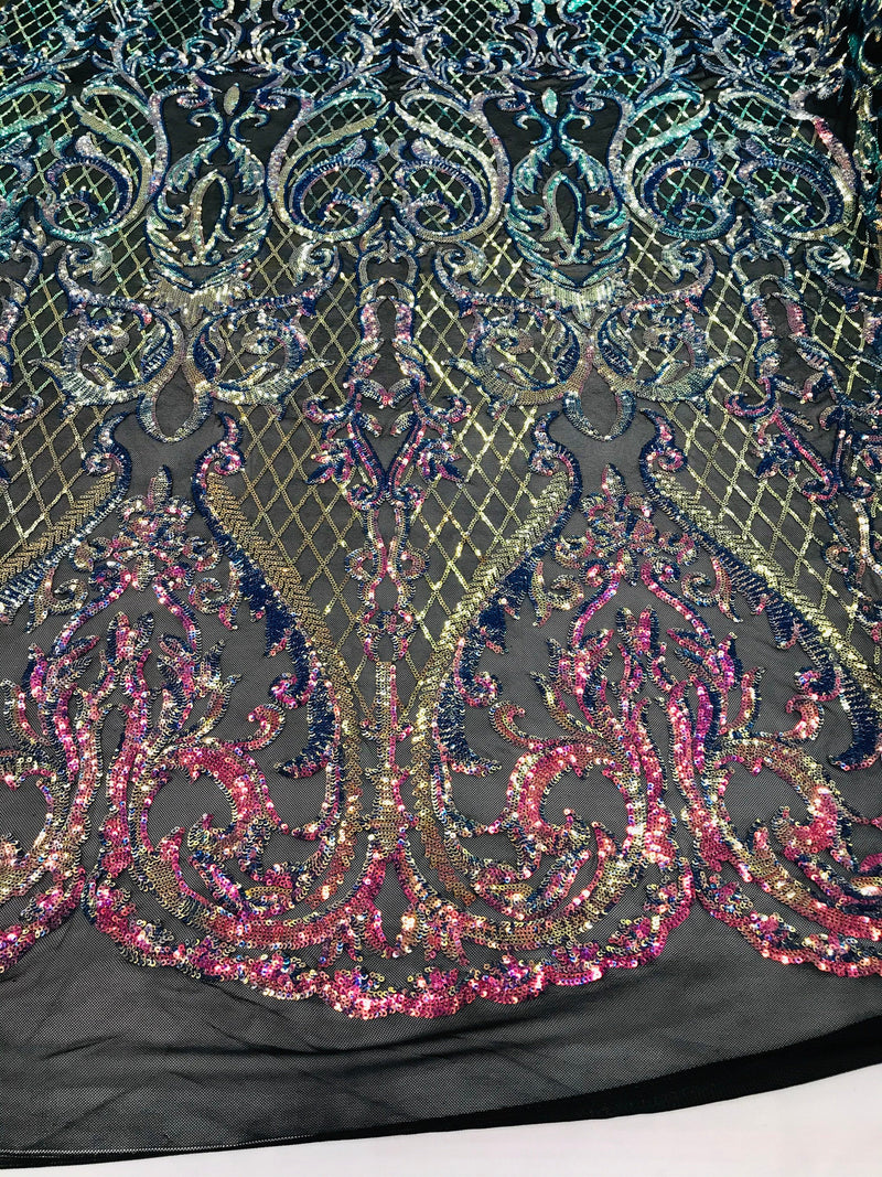 Iridescent Rainbow Sequin Fabrics on Black Mesh, Damask Design 4Way Stretch Embroidery With Sequin on a Mesh-Prom-Gown By The Yard