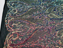 Iridescent Rainbow Sequin Fabrics on Black Mesh, Damask Design 4Way Stretch Embroidery With Sequin on a Mesh-Prom-Gown By The Yard