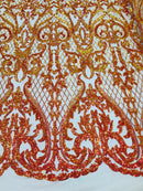 Iridescent Orange Sequin Fabrics, Damask Design 4Way Stretch Embroidery With Sequin on a Mesh-Prom-Gown By The Yard