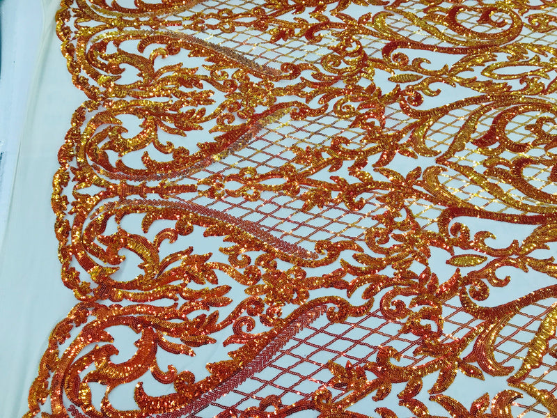 Iridescent Orange Sequin Fabrics, Damask Design 4Way Stretch Embroidery With Sequin on a Mesh-Prom-Gown By The Yard