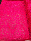 Iridescent Hot Pink Sequin Fabrics, Damask Design 4Way Stretch Embroidery With Sequin on a Mesh-Prom-Gown By The Yard