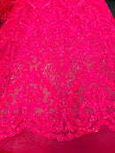 Iridescent Hot Pink Sequin Fabrics, Damask Design 4Way Stretch Embroidery With Sequin on a Mesh-Prom-Gown By The Yard