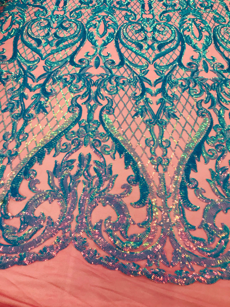 Iridescent Turquoise Sequin Fabrics on Mauve Mesh, Damask Design 4Way Stretch Embroidery With Sequin on a Mesh-Prom-Gown By The Yard