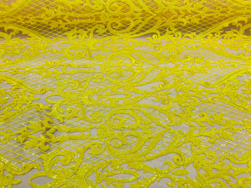 Yellow Sequin Fabrics on Nude Mesh, Damask Design 4Way Stretch Embroidery With Sequin on a Mesh-Prom-Gown By The Yard
