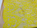 Yellow Sequin Fabrics on Nude Mesh, Damask Design 4Way Stretch Embroidery With Sequin on a Mesh-Prom-Gown By The Yard