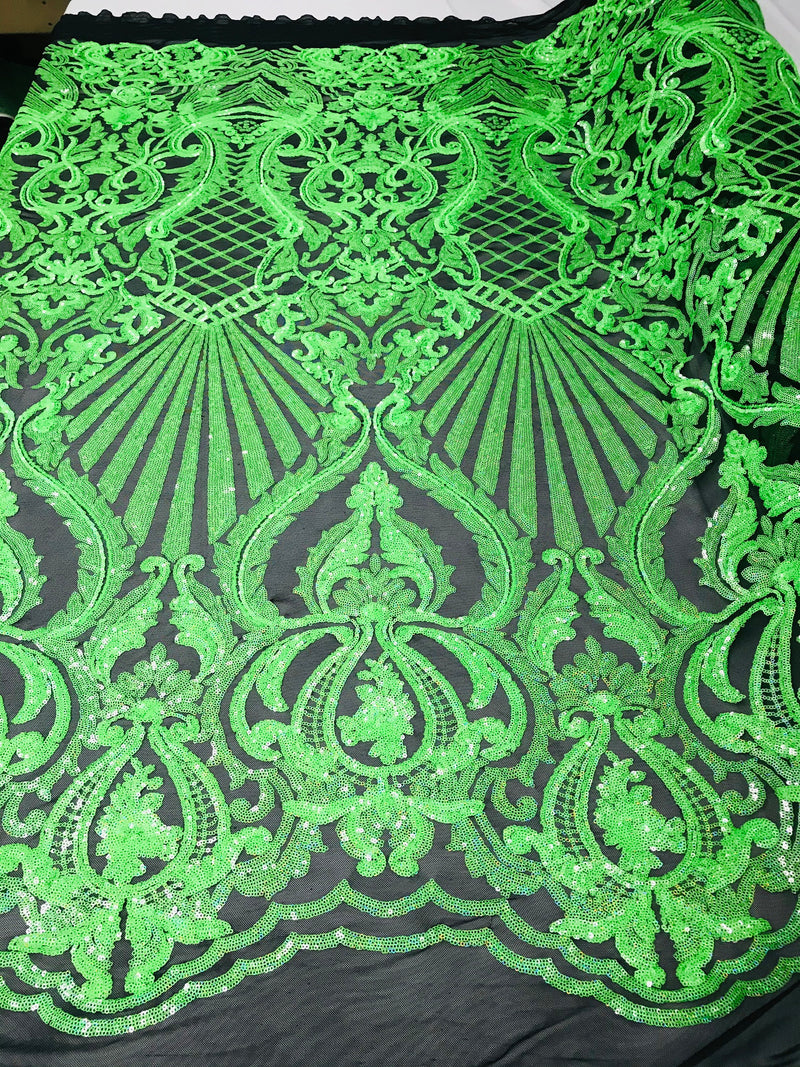 Neon Green Sequin Fabrics on Black Mesh, Damask Design 4Way Stretch Embroidery With Sequin on a Mesh-Prom-Gown By The Yard