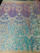 Iridescent Aqua Sequin Fabrics on Blush Mesh, Damask Design 4Way Stretch Embroidery With Sequin on a Mesh-Prom-Gown By The Yard