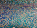 Iridescent Aqua Sequin Fabrics on Blush Mesh, Damask Design 4Way Stretch Embroidery With Sequin on a Mesh-Prom-Gown By The Yard