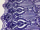 Holographic Purple Sequin Fabrics on Blush Mesh, Damask Design 4Way Stretch Embroidery With Sequin on a Mesh-Prom-Gown By The Yard