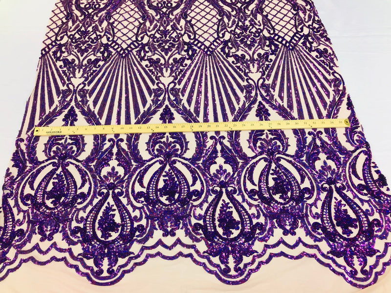 Holographic Purple Sequin Fabrics on Blush Mesh, Damask Design 4Way Stretch Embroidery With Sequin on a Mesh-Prom-Gown By The Yard