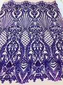 Holographic Purple Sequin Fabrics on Blush Mesh, Damask Design 4Way Stretch Embroidery With Sequin on a Mesh-Prom-Gown By The Yard