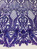 Holographic Purple Sequin Fabrics on Blush Mesh, Damask Design 4Way Stretch Embroidery With Sequin on a Mesh-Prom-Gown By The Yard