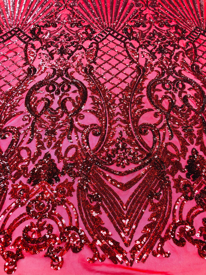 Holographic Red Sequin Fabric on Mesh Lace, Damask Design 4Way Stretch Embroidery With Sequin on a Mesh-Prom-Gown By The Yard