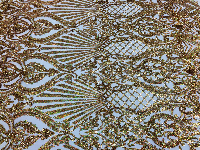 Holographic Gold Sequin Fabric on Mesh Lace, Damask Design 4Way Stretch Embroidery With Sequin on a Mesh-Prom-Gown By The Yard